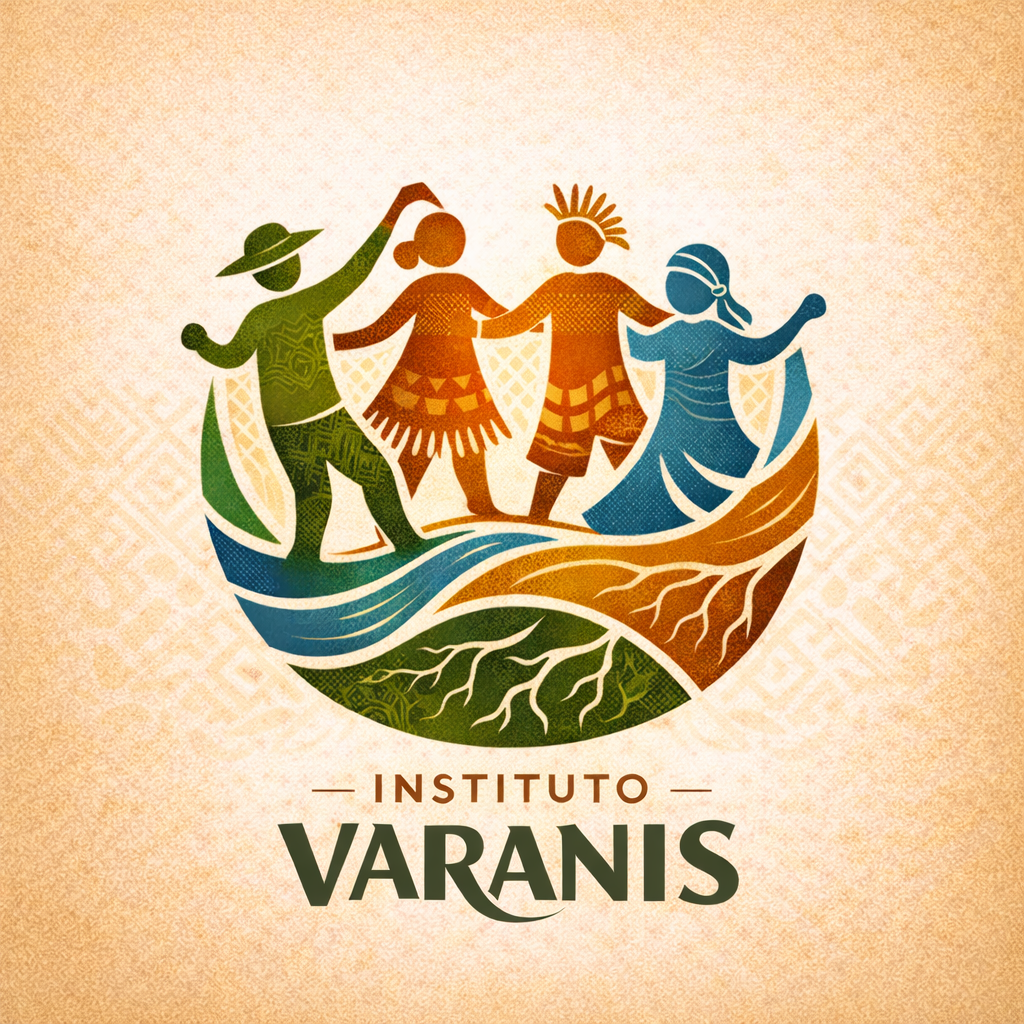 Logomarca do Instituto Varanis: pessoas de mãos dadas entre terra, água e natureza